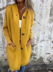 Cardigan con cappuccio in maglia a tinta unita di media lunghezza con due tasche e bottoni, adatto per donna taglia curvy in autunno e inverno - Giallo - Visualizzare 5
