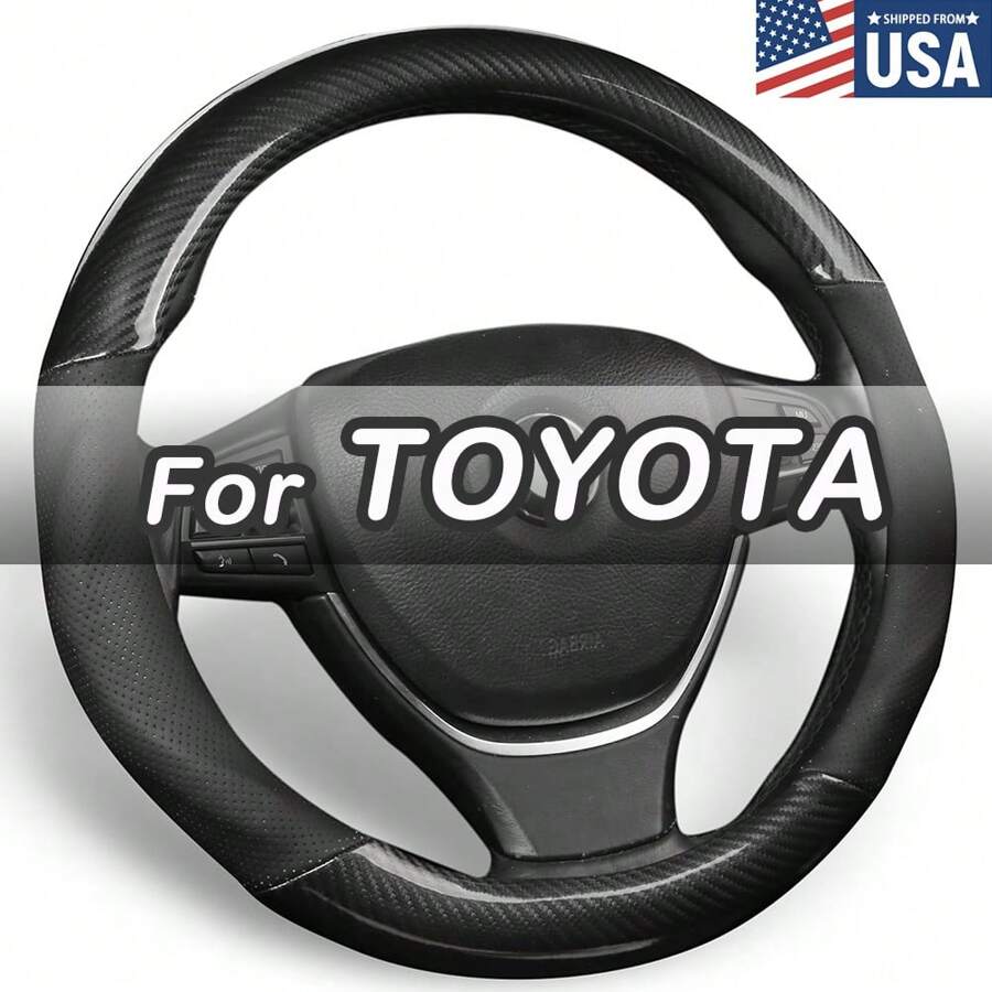 For Toyota Steering Wheel Cover, Premium Leather & Carbon Fiber Car Steering Wheel Cover , Non-Slip, Breathable, For Toyota Accessories - 黑色 - 查看 1
