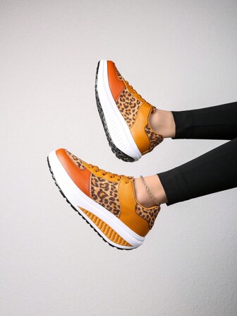 Leopard Print Platform Sneakers For Women, Casual Elevator Shoes For Running