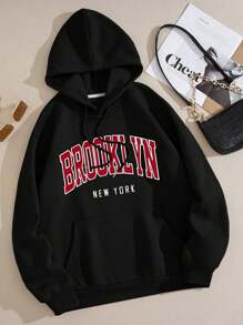 Graphic Letter Pocket Kangaroo Drawstring Thermal Hood - 黑色 - 查看 2