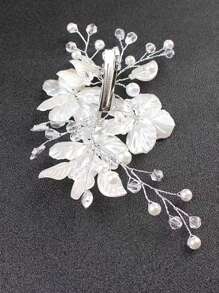 1pc New Korean Style Bridal Wedding Headpiece, Handmade Pink Shell Petal & Pearl Crystal Hair Clip Accessory