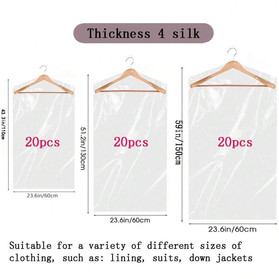 20 piezas Bolsas transparentes para prendas, bolsas de plástico transparente de 4 mil de grosor para limpieza en seco, almacenamiento de trajes, vestidos, abrigos, ideal para limpieza en seco, almacenamiento en el hogar, decoración de viaje, disfraces de Halloween, decoración de otoño, decoración de festivales - Transparente (PE) - Ver 1