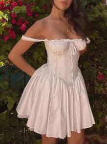 女士纯色无袖荷叶边褶皱蕾丝迷你连衣裙，Y2K春假夏季穿搭，圣诞节，新年夜穿搭，适合外出、派对和度假