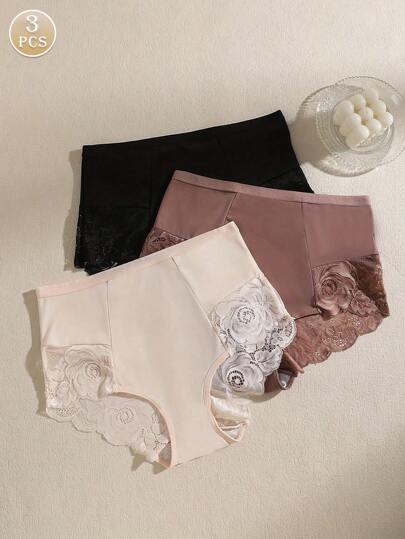 3 件套女士高腰性感蕾丝内裤，无缝丝绸内衣，带透气裆部
