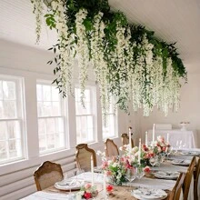 Flores penduradas de glicínia de 6,2 pés, guirlanda de flores de glicínia, arco de casamento, decoração, videiras de glicínia artificiais brancas, videiras de seda para festa, jardim, mesa de fundo, plantas artificiais