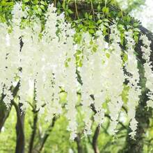 Flores penduradas de glicínia de 6,2 pés, guirlanda de flores de glicínia, arco de casamento, decoração, videiras de glicínia artificiais brancas, videiras de seda para festa, jardim, mesa de fundo, plantas artificiais