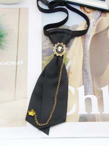 1pc Black Polyester Bow Tie & Faux Pearl Inlaid Decor & Metal Chain Adjustable Neck Strap Design For Women, Suitable For Parties, Ceremonies, And Daily Wear  Accessories Women - Black - View 4