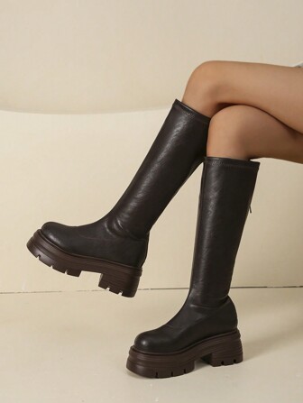 Stretchable Tall Boots For Women, Slim Fit Tall Shaft Chunky Heel Riding Boots, 2024 Autumn New Arrival
