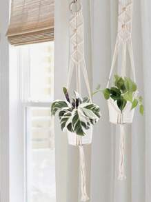 1pc/2pcs Bohemian Handmade Colorful Cotton Rope Woven Hanging Basket, Multipurpose Net Bag (Plant Pot Not Included) - White - View 2