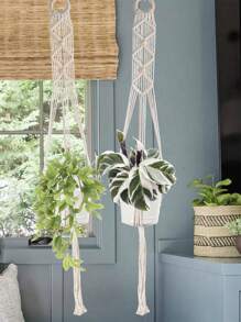 1pc/2pcs Bohemian Handmade Colorful Cotton Rope Woven Hanging Basket, Multipurpose Net Bag (Plant Pot Not Included) - White - View 4