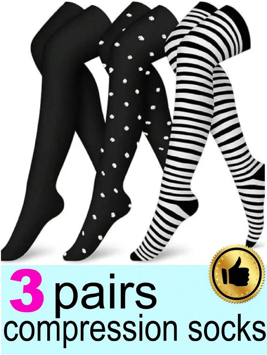 3 双男女款大腿高筒压缩袜，运动袜长袜，适合跑步、骑行、运动大腿高筒过膝袜 - 彩色 - 查看 1