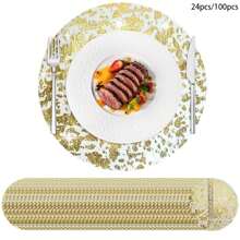 24 件/100 件一次性金箔网格餐垫，圆形金属网桌布，适用于家居装饰、餐饮、婚礼、生日派对 - 彩色 - 查看 1