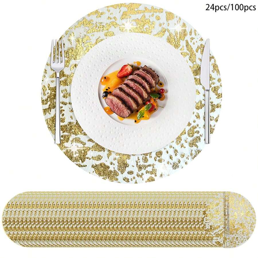 24 件/100 件一次性金箔网格餐垫,圆形金属网桌布,适用于家居装饰、餐饮、婚礼、生日派对 - 彩色 - 查看 1
