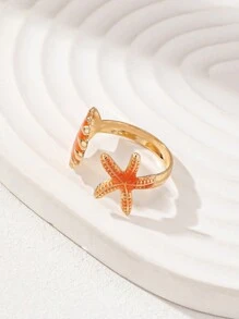 1pc Enamel Starfish & Shell Adjustable Ring, Summer Vacation Style For Women - Orange - View 2