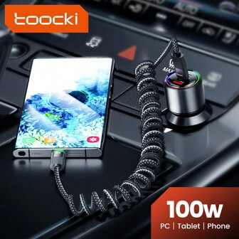 สายชาร์จ USB C ถึง USB 100W ของ Toocki ที่ชาร์จโทรศัพท์ในรถยนต์แบบยืดหดได้พร้อมสปริง รองรับการชาร์จเร็วด้วย USB เข้ากันได้กับ 15 S23