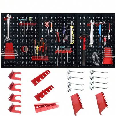 VA-Cerulean Tool Perforated Wall, 120x60x2cm, Black+Red, Workshop Shelf Tool Holder For Workshop Warehouse Wall Shelf, Perforated Wall Made Of Metal Perforated Sheet Tool Wall With 17-Part Hook Set