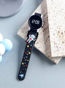 1pc Kids Astronaut Designed Round LED Light Up Fitness Tracker Sports Wristband - Black - View 3