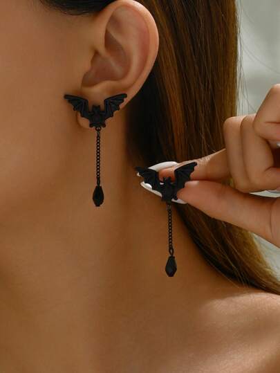 1 par de pendientes de gota con forma de murciélago y flecos, accesorios de joyería de estilo gótico punk para Halloween
