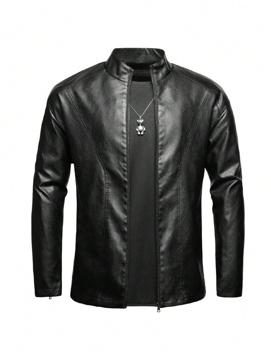 1pc Men's Outdoor Windproof Leather Jacket, Stand Collar, Solid Color, Versatile Motorcycle Leather Coat - Black - View 1
