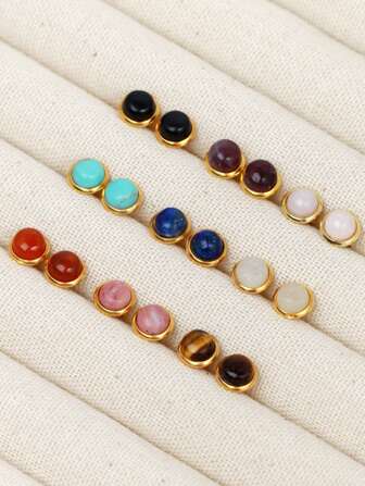 1Pair Small Size Healing Natural Gem Stone Round Stud Earrings Rose Quartz Tiger Eye Crystal Gold Color Simple Ear Piercing Opal Jewelry For Women Girl Fashion Earring G063