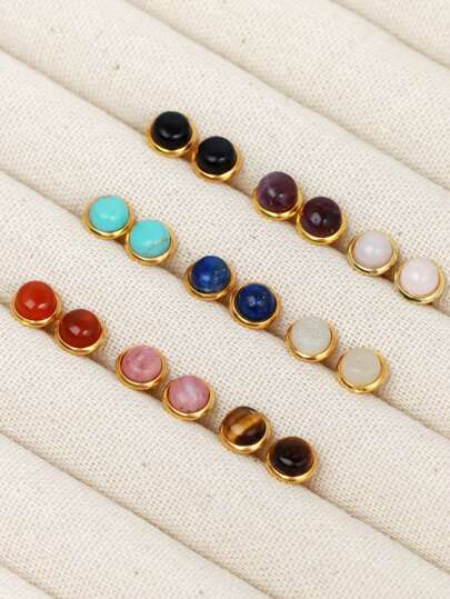 1 对小尺寸天然疗愈宝石圆形耳钉玫瑰石英虎眼水晶金色简约耳钉蛋白石首饰女士时尚耳环 G063