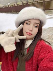 1pc Women's Winter Solid Color Fluffy Fashion Versatile Beret Hat, Casual Warm Cute Small Head Size Painter Cap For Daily Outdoor Use - Multicolor - View 2