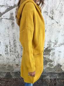 Cardigan con cappuccio in maglia a tinta unita di media lunghezza con due tasche e bottoni, adatto per donna taglia curvy in autunno e inverno - Giallo - Visualizzare 4