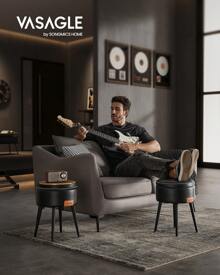 VASAGLE EKHO Collection - Storage Ottoman, Dressing Table Stool, Synthetic Leather With Stitching, Mid-Century Modern, Round Storage Stool Seat With Steel Legs, Loads 150 Kg - Black - View 1