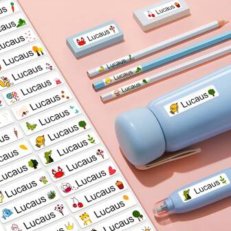 Etiquetas personalizadas impermeables con nombre, pegatinas duraderas personalizadas, resistentes a la decoloración y de larga duración, fáciles de aplicar y despegar, material de alta calidad, perfectas para personalizar botellas, libros, lápices, loncheras y talla grande, diseños lindos y creativos con iconos de dibujos animados, ideal para organizar tus pertenencias, artículos escolares, multifuncional, duradero