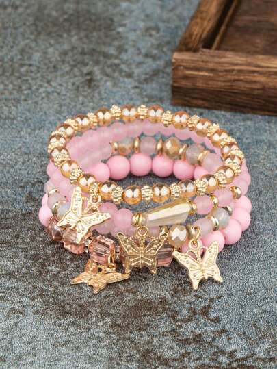 Set de 4 piezas Pulsera con colgante de mariposa estilo bohemio, kit de accesorios con temática de mariposa de moda para niñas, hecho a mano, con cuentas brillantes, ajustable, regalo de cumpleaños para adolescentes.