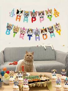 宠物猫狗派对装饰品，狗生日派对用品，包括背景横幅、蛋糕装饰、纸杯蛋糕装饰品