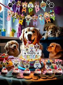 宠物猫狗派对装饰品，狗生日派对用品，包括背景横幅、蛋糕装饰、纸杯蛋糕装饰品