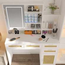 Makeup Vanity With Lights In 3 Colors & Openable Mirror, Vanity Desk With 4 Drawers & 1 Cabinets & Shelves, Vanity Table Rattan Vanity Dresser, For Bedroom.Mo-Autos