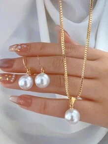 17KM Set de 3 piezas de joyas con pendientes y collar de perlas falsas, para mujeres, vacaciones, citas, Día de San Valentín, uso diario