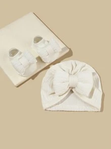 1-6个月婴儿蝴蝶结发带帽袜套装，提花针织帽头饰套装，新生儿礼物，春秋季 - 彩色 - 查看 8