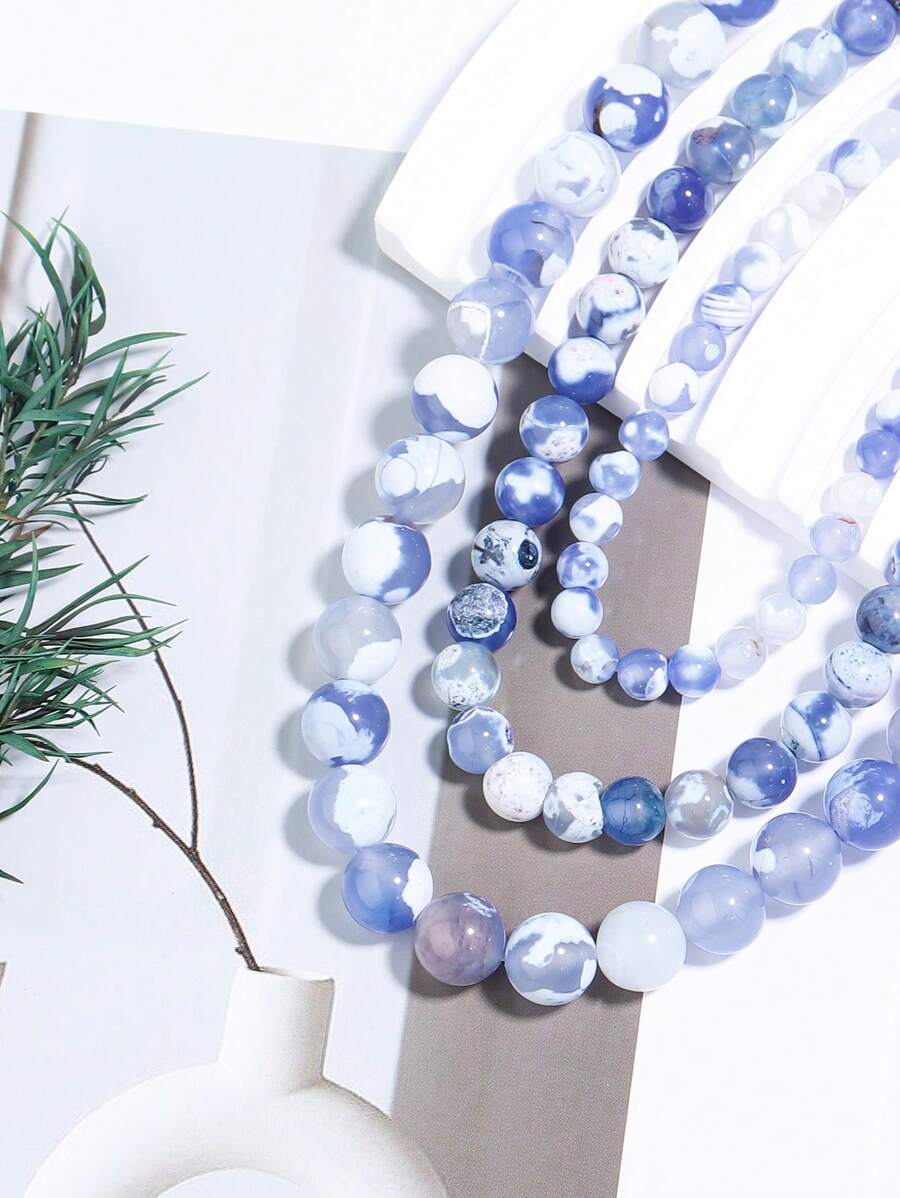1 件天然浅白色蓝色火玛瑙石散装圆珠适用于珠宝制作 DIY 手链配件 15 英寸 6 8 10 毫米 - 藍白色 - 查看 1