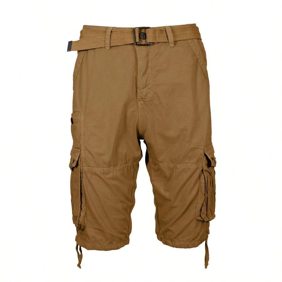 Men's Distressed Cotton Belted Cargo Shorts - Dark Khaki - View 1