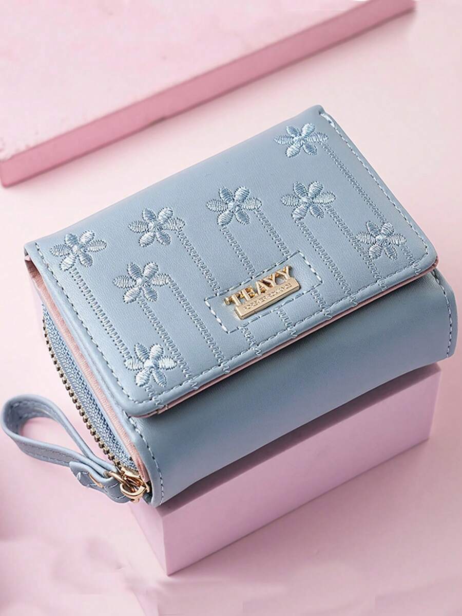 新款刺绣三折短款女士手提包，多功能时尚手提包，多卡槽手拿包零钱包，浅蓝色 - 藍色 - 查看 1