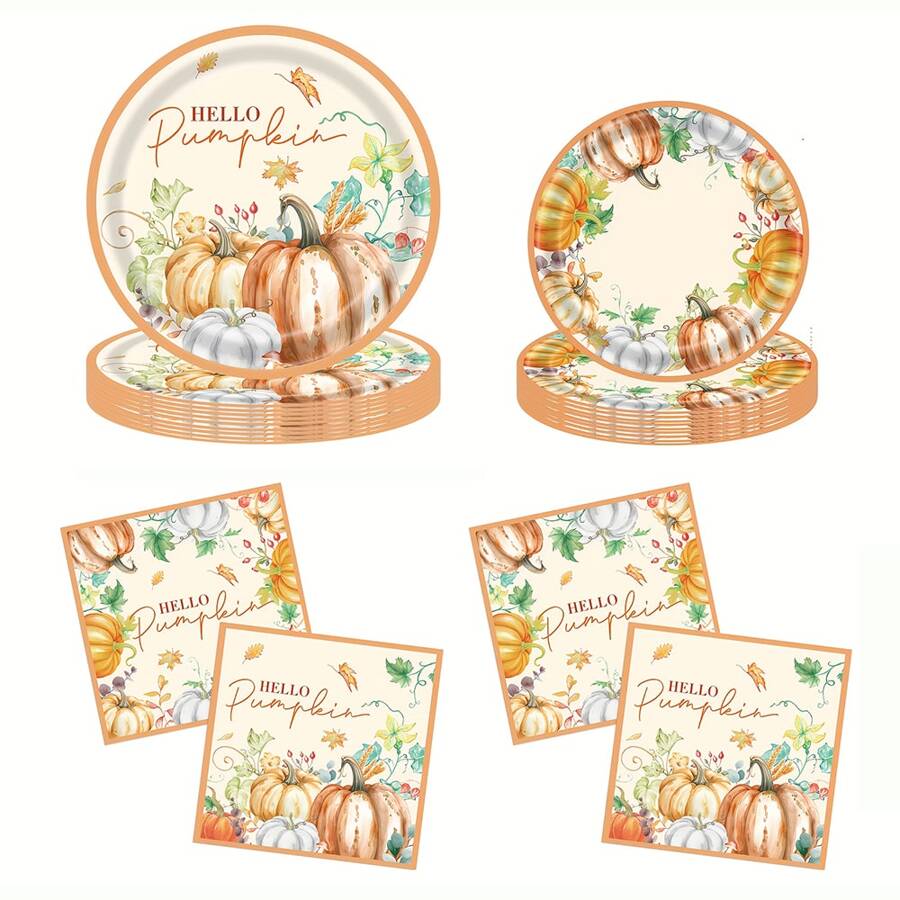 10/20 vật dụng trang trí tiệc Lễ Tạ ơn màu vàng hình lá phong và bí ngô, đồ ăn dùng một lần cho Lễ Tạ ơn, bao gồm khăn ăn cho mùa thu và bộ đồ ăn cho bữa tiệc Giáng sinh - Nhiều màu - Xem 1