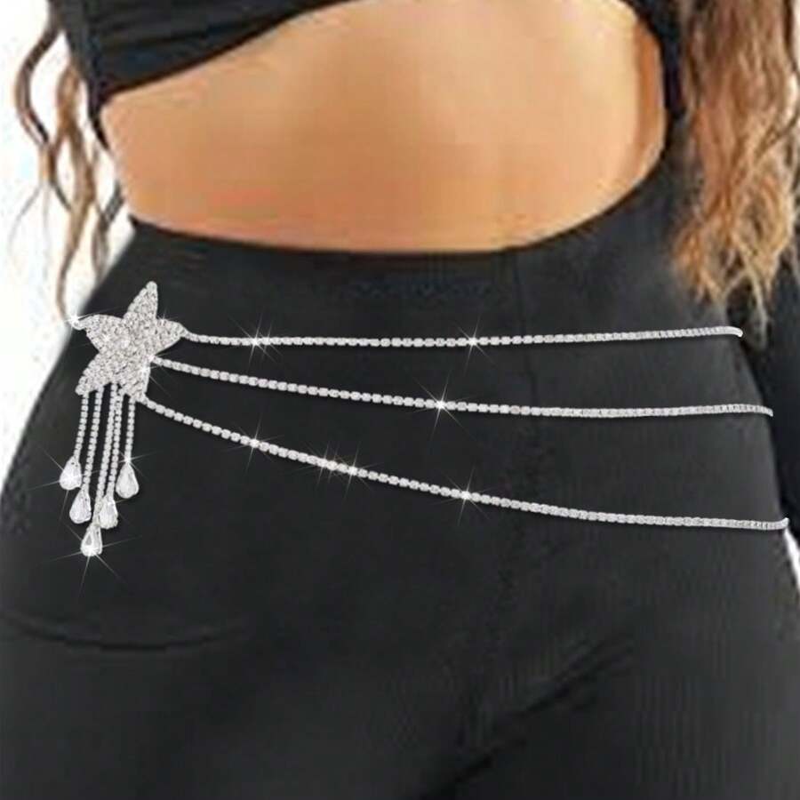 Stone Waist Chain Silver Star Crystal Belly Chains Sparkly Party Body Jewelry A - Silver - View 1