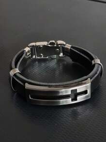 Men's Metal Hollow Cross Leather Bracelet - 黑色 - 查看 2
