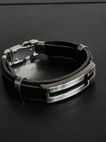 Men's Metal Hollow Cross Leather Bracelet - 黑色 - 查看 3
