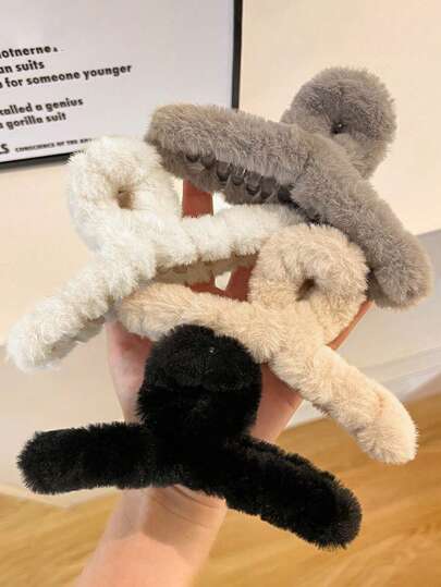 4pcs/Set Coffee Color Plush Hair Claw Clips, Gentle And Elegant Design For Autumn And Winter Cute Winter Hair Jaw Clip Hair Clamps Hair Clutch Hair Catcher Clip, Casual Fall Hair Clip Hair Accessories For Women For Vacation Outfits Woman