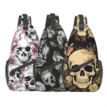 1 Stück Schulterriemen Brusttasche mit Totenkopf Aufdruck, Reise Wandern Fitness Umhängetasche, Personalisierte Brusttasche