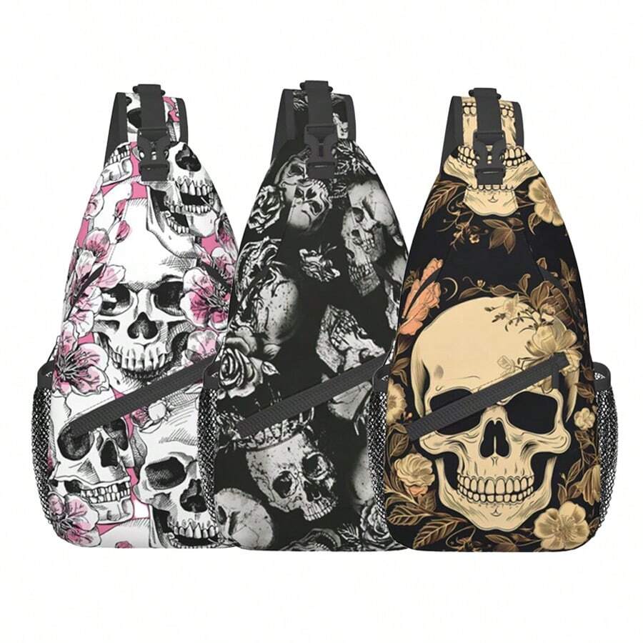 1pc Skull Print Shoulder Strap Chest Bag, Travel Hiking Fitness Crossbody Pack, Personalized Chest Pack