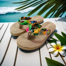 Women's Anti-Slip Flower Patterned Flip-Flops, Ladies' Summer Vacation Beach Slippers, Women's Sandals Summer Casual Vacation Slides, Summer Women's Flat Sandals, Printed Woven Bohemian Style Flip-Flops, Ladies' Flat Sandals - Flowers - View 14