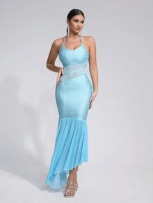性感吊带露背网眼撞色不对称长裙，无袖紧身礼服 - 淺藍色 - 查看 3