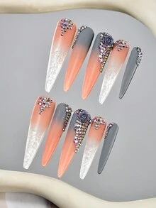 10pcs Y2K Rhinestones Extra Long 3D French Style Handemade Press On Nails Pointed Fake Nails Long Nail , 1pc Nail File And 1pc Nail Glue, Suitable For Girls And Women Festival Parties And Daily Wear Holiday Gifts Nail Salon Nail Art