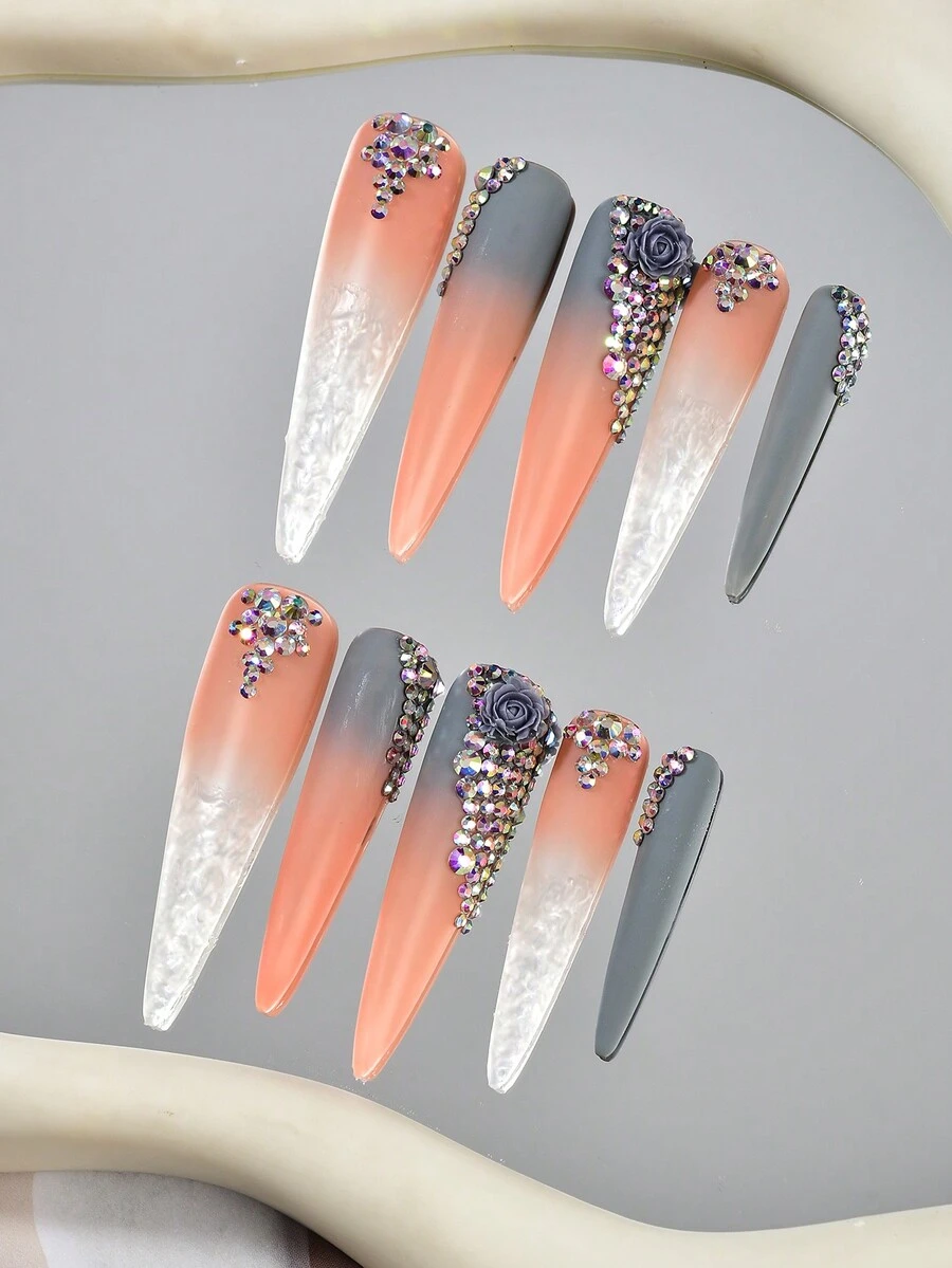 10pcs Y2K Rhinestones Extra Long 3D French Style Handemade Press On Nails Pointed Fake Nails Long Nail , 1pc Nail File And 1pc Nail Glue, Suitable For Girls And Women Festival Parties And Daily Wear Holiday Gifts Nail Salon Nail Art