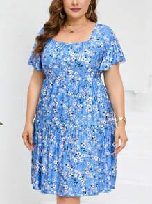 Women's Plus Size Summer Dress V Neck A-Line Knee Length Wrap Swing Dresses Plus Size A Line Party Mini Dress With Pockets - Blue Floral - View 2